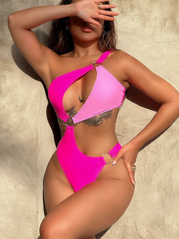 One-Shoulder Cutout Ring Detail One-Piece Swimsuit - Queen Energy Boutique
